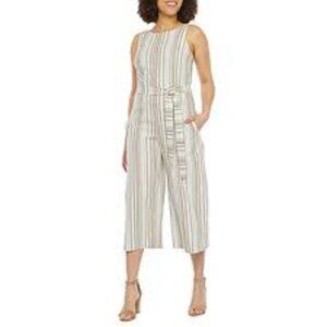 VIVI by VIOLET WEEKEND Plus Size 16 Cropped Jumpsuit Blue tan White Linen Blend